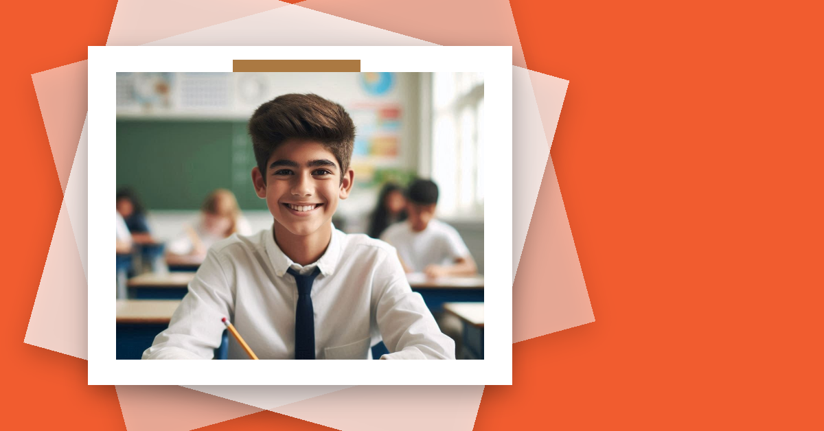 A smiling student in a white shirt and tie sits in a classroom, holding a pencil, with other students working in the background. The image represents the United States Academic Pentathlon (USAP) experience.